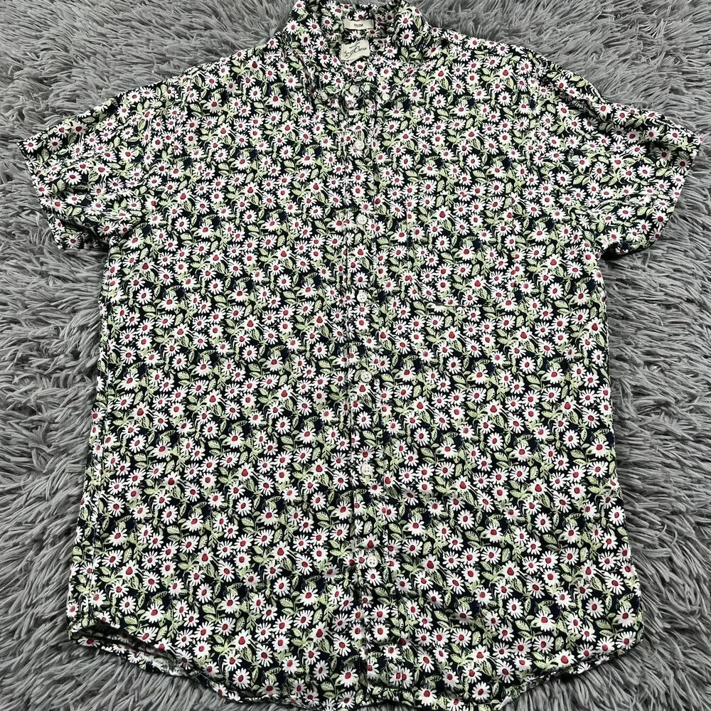 J Crew Adult Shirt Medium Green White Button Down Linen Floral All Over Mens